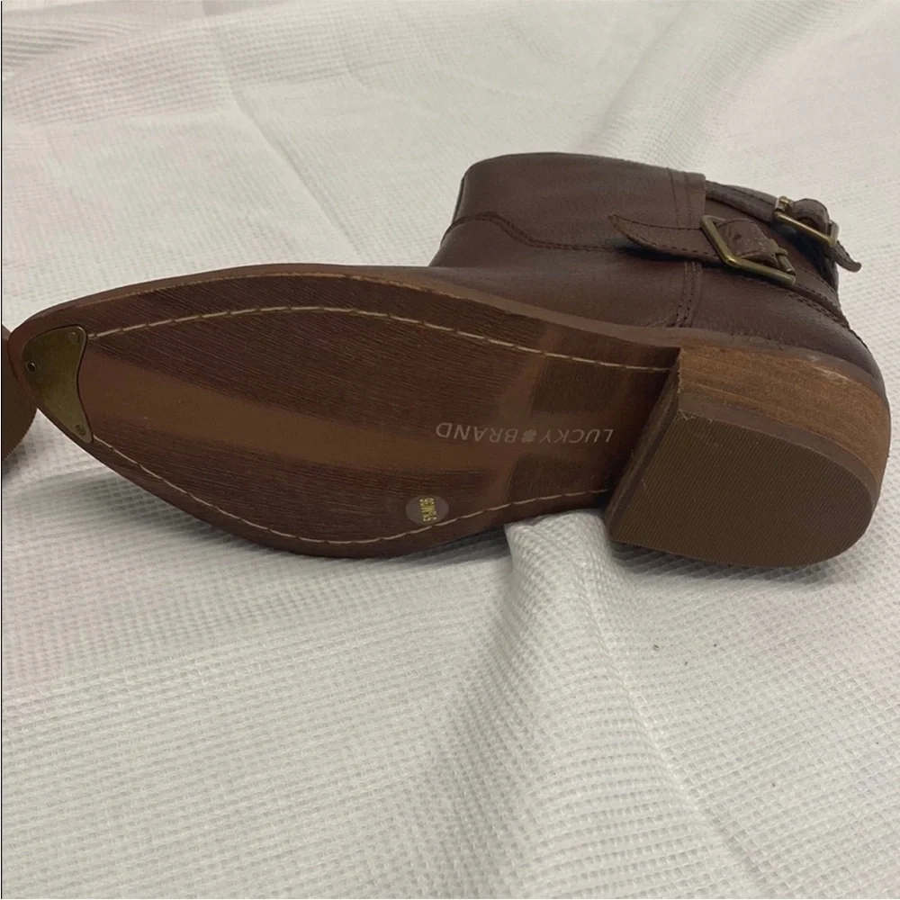 Lucky Brand Caelyn Leather Bootie Brown Double Buckle Western Moto Boho 5.5